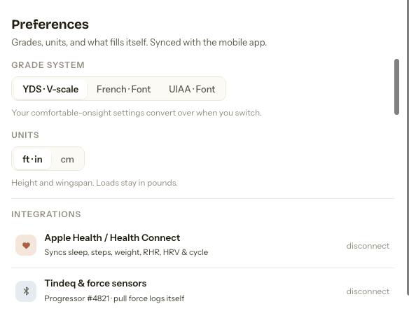 Preferences: Apple Health / Health Connect integration, grade system and units