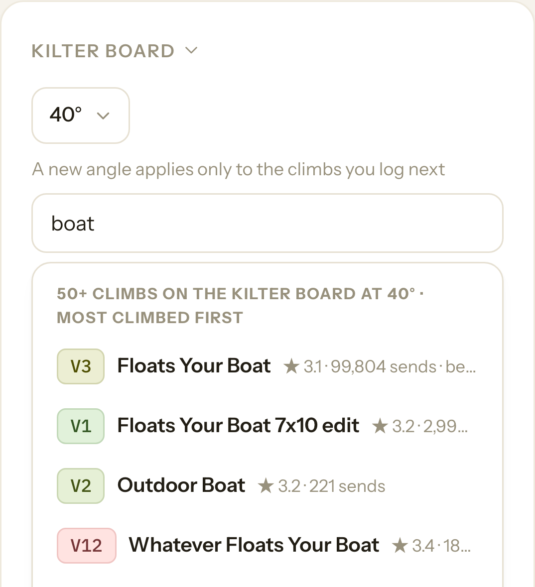 The board card in a session, with a search under way: the board's name, the angle set to forty degrees, the word boat typed, and four climbs found, each with its grade, its rating and its number of sends