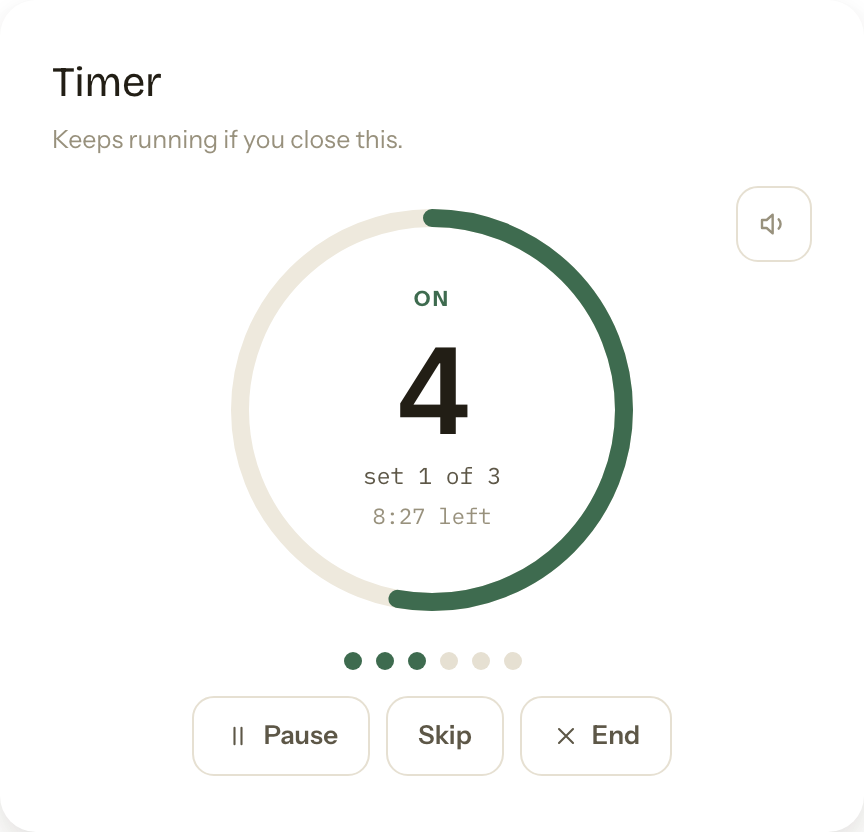 The hang timer mid-rep: four seconds left of a seven-second hang, set one of three, three of six reps done
