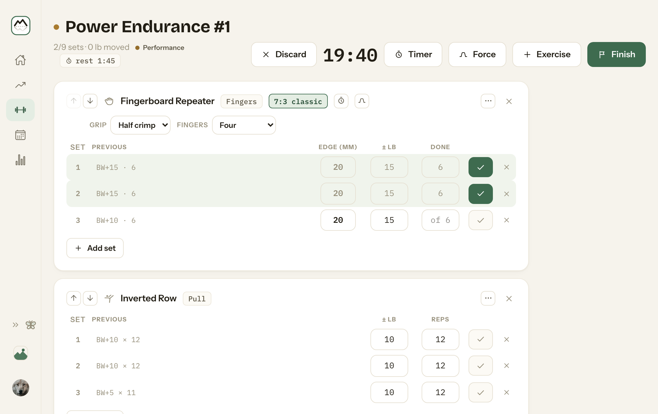 A workout in progress: a fingerboard repeater with two of three sets ticked, last time's numbers beside each row, then rows and squats to come